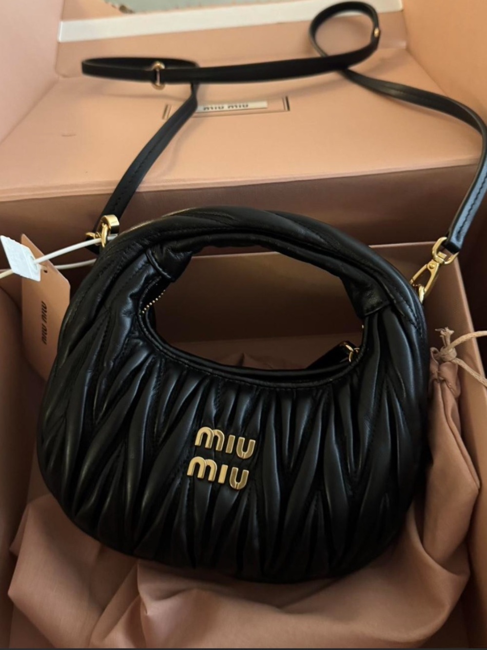 Miu Miu Black Matelassé Mini Hobo Bag with Gold Logo